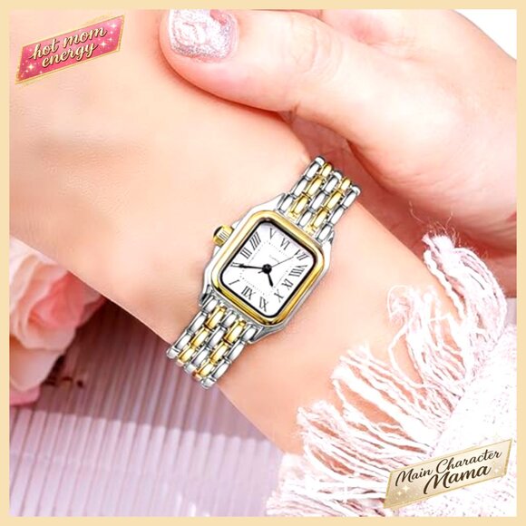 Vintage Square Watch Roman Numerals Stainless Steel Band Dress Wrist Watch